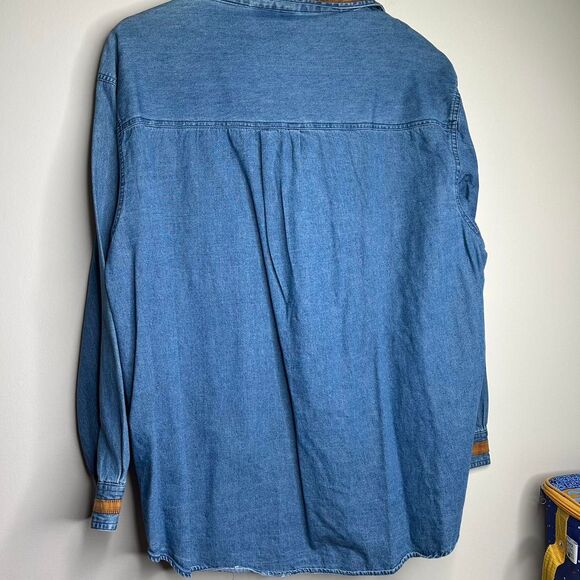 vintage 90s 1990s retro fall autumn Scarecrow patchwork denim button-up shirt xl - Picture 8 of 8